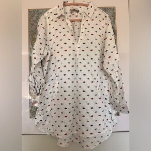 For Cynthia White Button-Front Blouse with Red and Navy Dot Print